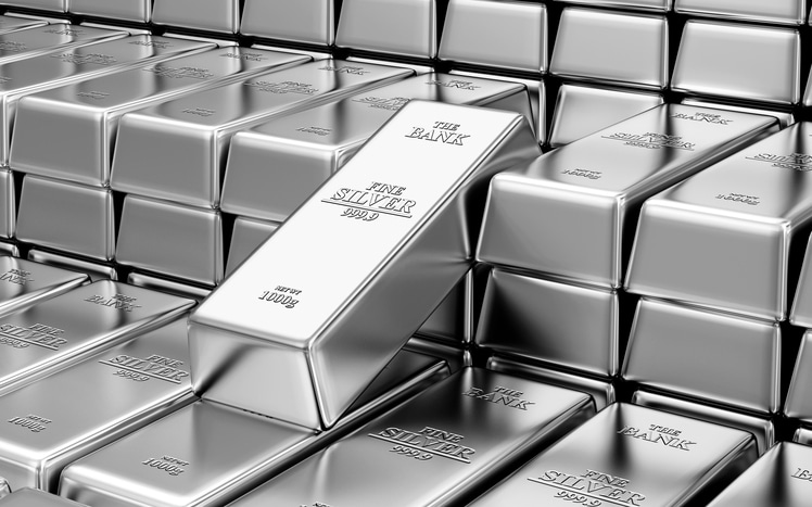 Business, Financial, Bank Silver Reserves Concept. Stack of Silver Bars in the Bank Vault Abstract Background